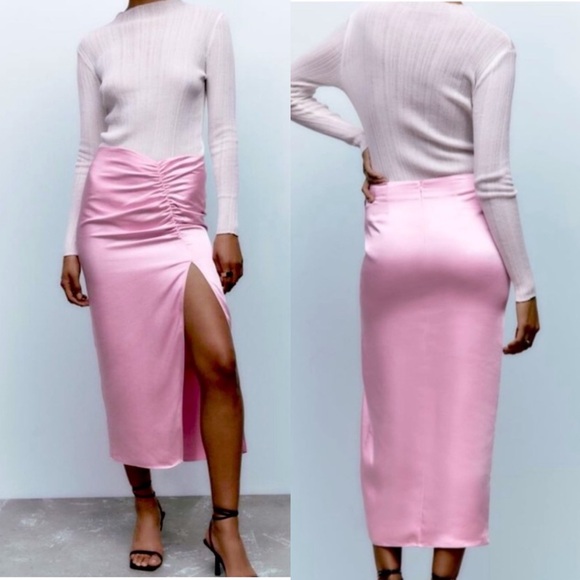 💕 ZARA PINK SATIN SIDE RUCHED SLIT MIDI SKIRT! - Picture 6 of 16